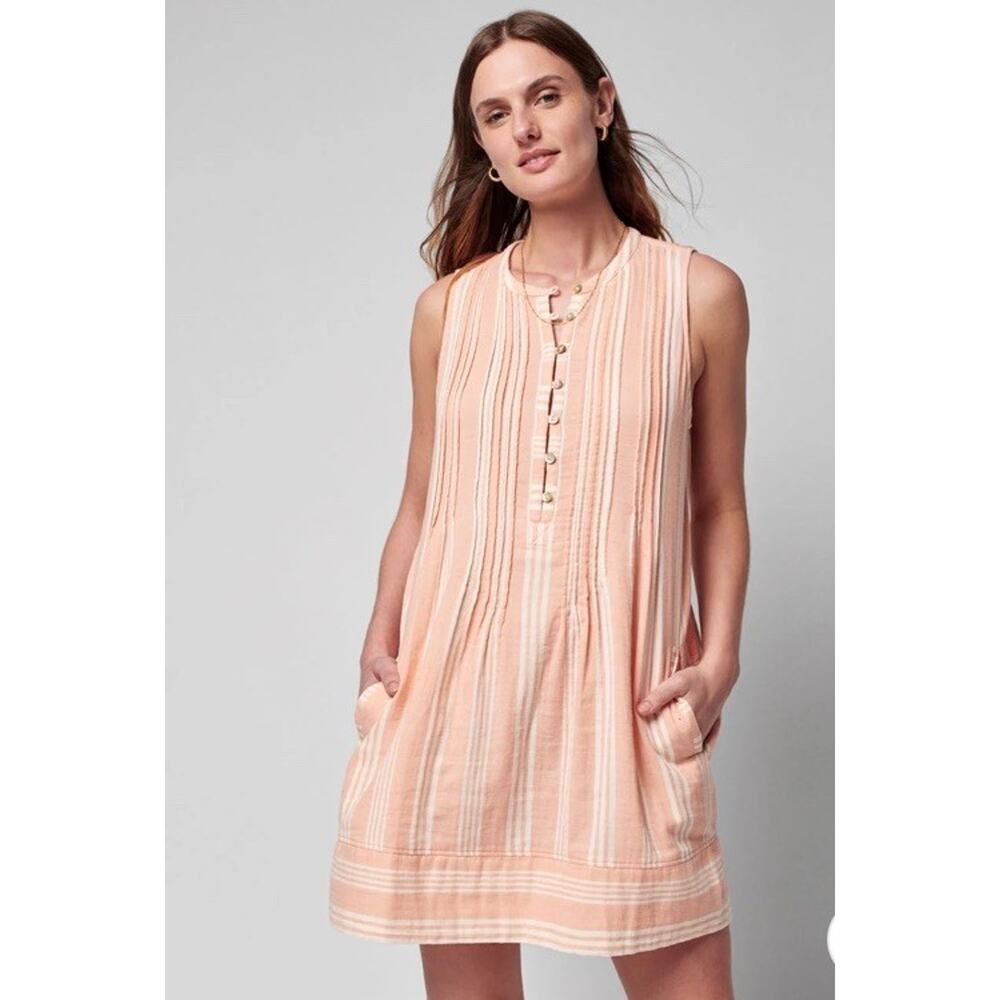$168 Faherty Isha Dress Small Sepia Neutral Stripe Peach Organic Cotton